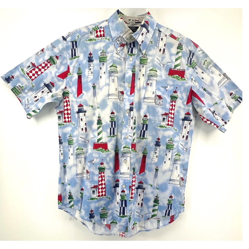 Tommy Hilfiger Mens Lighthouse Print Short Sleeve Button Down Shirt Blue Size M